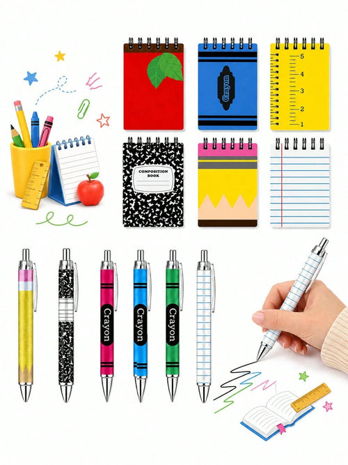 12pcs-Back To School Memo Pad & Ballpoint Pen Set Gift, Apple Pencil & Crayon Design, Welcome Back To School, Spiral Memo Pad, Pocket Diary, Back To School Pattern, First Day Of School Teacher Reward