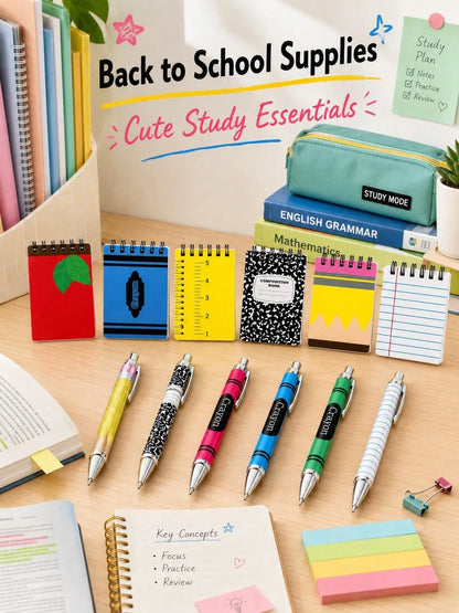 12pcs-Back To School Memo Pad & Ballpoint Pen Set Gift, Apple Pencil & Crayon Design, Welcome Back To School, Spiral Memo Pad, Pocket Diary, Back To School Pattern, First Day Of School Teacher Reward