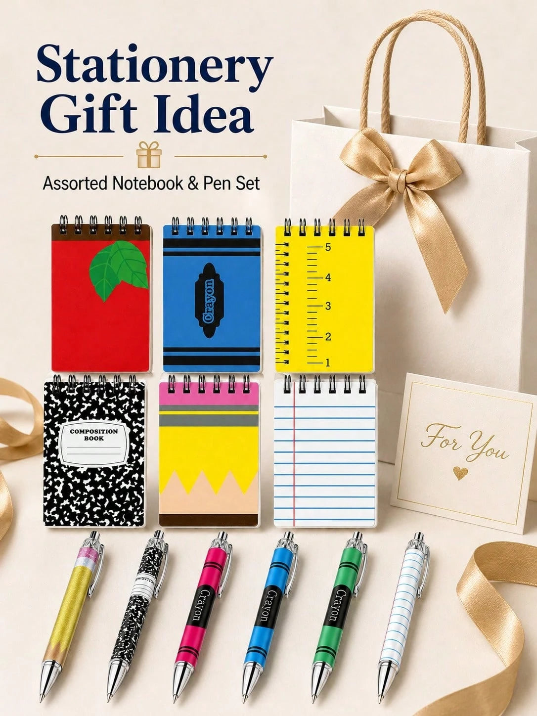 12pcs-Back To School Memo Pad & Ballpoint Pen Set Gift, Apple Pencil & Crayon Design, Welcome Back To School, Spiral Memo Pad, Pocket Diary, Back To School Pattern, First Day Of School Teacher Reward