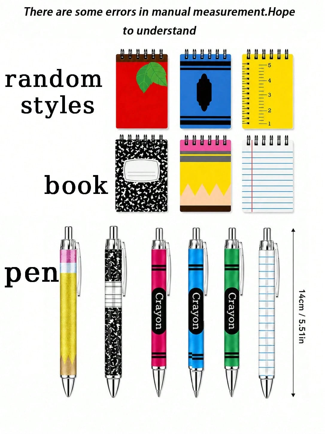 12pcs-Back To School Memo Pad & Ballpoint Pen Set Gift, Apple Pencil & Crayon Design, Welcome Back To School, Spiral Memo Pad, Pocket Diary, Back To School Pattern, First Day Of School Teacher Reward
