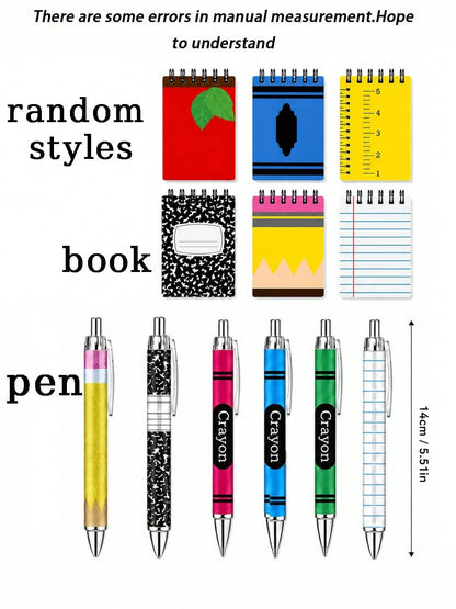 12pcs-Back To School Memo Pad & Ballpoint Pen Set Gift, Apple Pencil & Crayon Design, Welcome Back To School, Spiral Memo Pad, Pocket Diary, Back To School Pattern, First Day Of School Teacher Reward