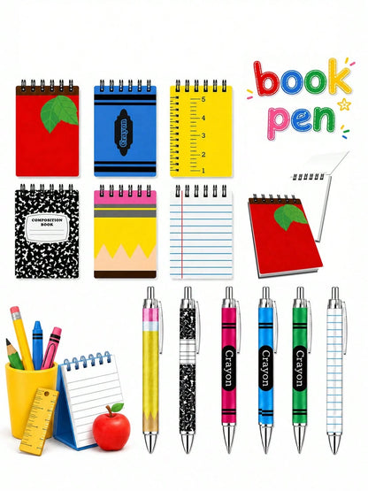 12pcs-Back To School Memo Pad & Ballpoint Pen Set Gift, Apple Pencil & Crayon Design, Welcome Back To School, Spiral Memo Pad, Pocket Diary, Back To School Pattern, First Day Of School Teacher Reward