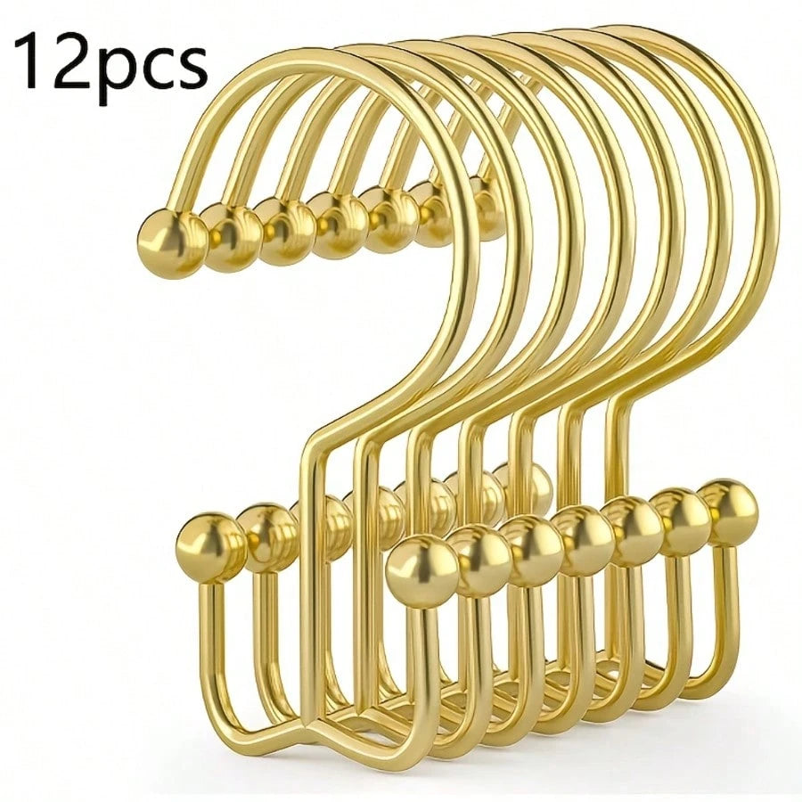 12pcs Double Hook Shower Curtain Rings, Mountain-Shaped Design, Multi-Functional Metal Shower Curtain Hooks For Home