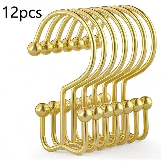 12pcs Double Hook Shower Curtain Rings, Mountain-Shaped Design, Multi-Functional Metal Shower Curtain Hooks For Home