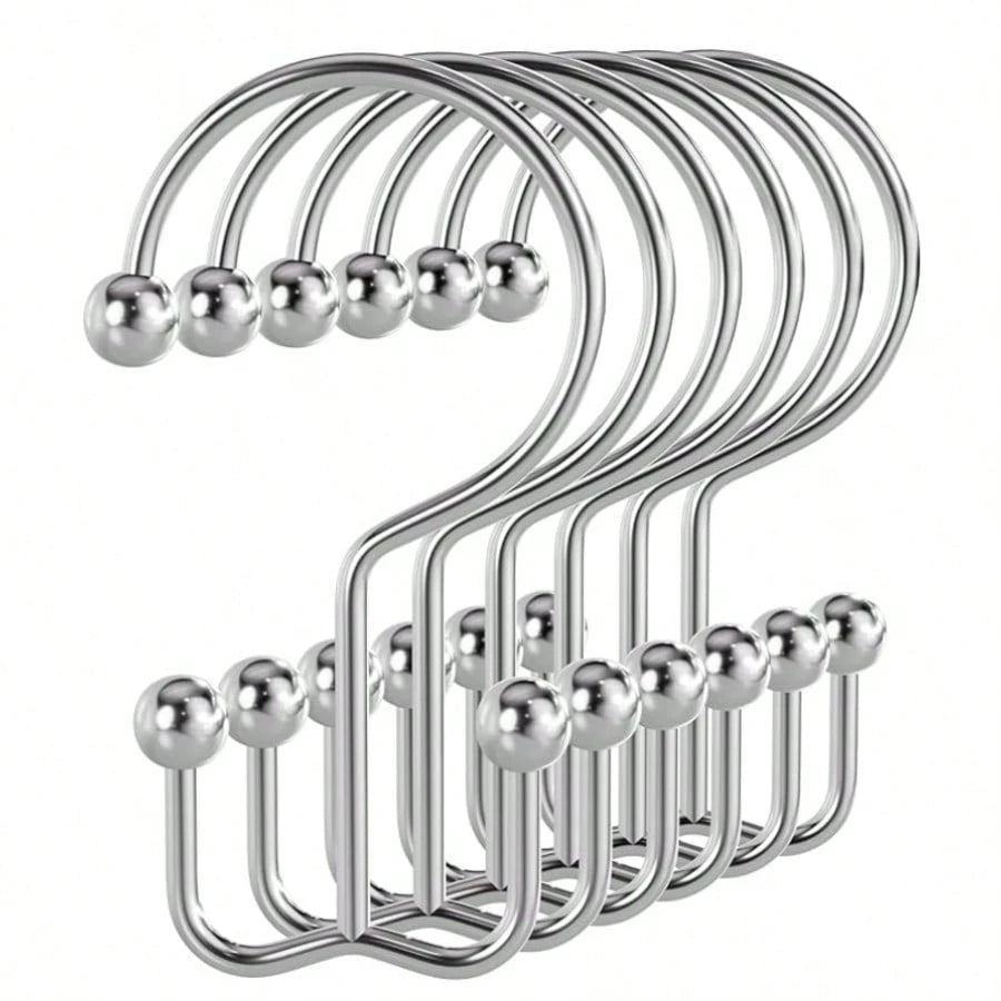 12pcs Double Hook Shower Curtain Rings, Mountain-Shaped Design, Multi-Functional Metal Shower Curtain Hooks For Home