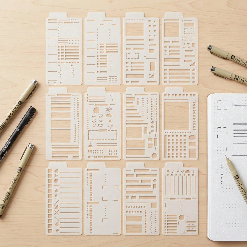 12pcs Flexible Drawing Templates- Reusable Grid Dot Matrix Templates, Suitable For Bullet Journals, Creative Memo Templates, Lists, Daily Planners, Calendars, And Binders; Essential For Hand Letterin