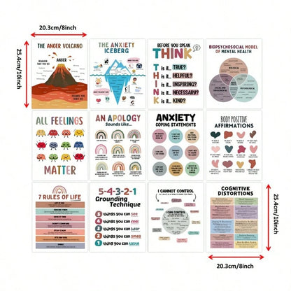 12pcs Motivational Mental Health Poster Set- Positive Relaxation Office Decor, Group & Classroom Counseling Wall Art, Perfect Room Decoration- 8x10 Inch Unframed