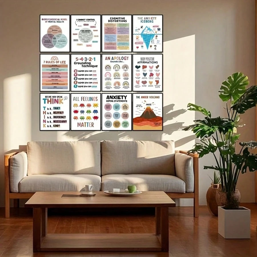 12pcs Motivational Mental Health Poster Set- Positive Relaxation Office Decor, Group & Classroom Counseling Wall Art, Perfect Room Decoration- 8x10 Inch Unframed