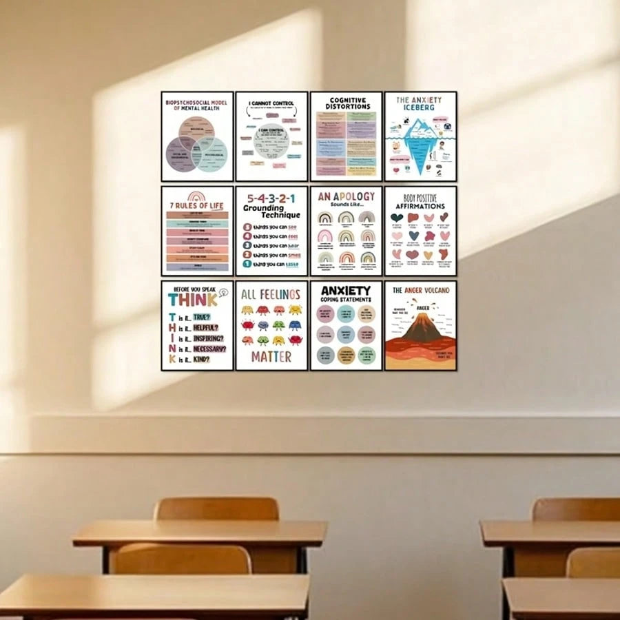 12pcs Motivational Mental Health Poster Set- Positive Relaxation Office Decor, Group & Classroom Counseling Wall Art, Perfect Room Decoration- 8x10 Inch Unframed