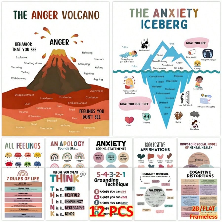 12pcs Motivational Mental Health Poster Set- Positive Relaxation Office Decor, Group & Classroom Counseling Wall Art, Perfect Room Decoration- 8x10 Inch Unframed