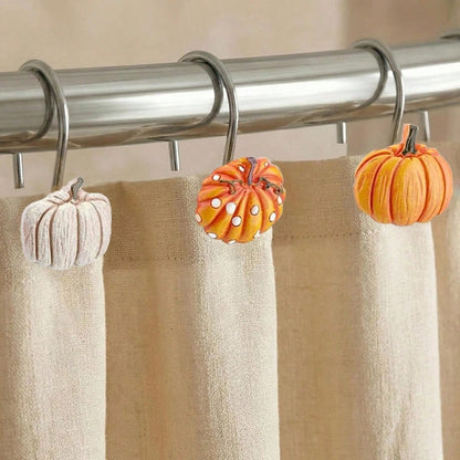 12pcs Pumpkin Shower Curtain Hooks, Thanksgiving, Autumn Country Style Stainless Steel Rust-Proof Pumpkin Decorative Shower Curtain Hooks Rings, Curtain Hooks, Bathroom Decor Hooks Accessories, Shower