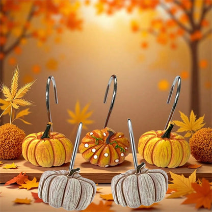 12pcs Pumpkin Shower Curtain Hooks, Thanksgiving, Autumn Country Style Stainless Steel Rust-Proof Pumpkin Decorative Shower Curtain Hooks Rings, Curtain Hooks, Bathroom Decor Hooks Accessories, Shower