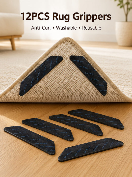 12PCS Rug Grippers – Anti-Curl Non-Slip Carpet Pads, Washable & Reusable, Keep Corners Flat On Wood, Tile, Laminate & Vinyl Floors