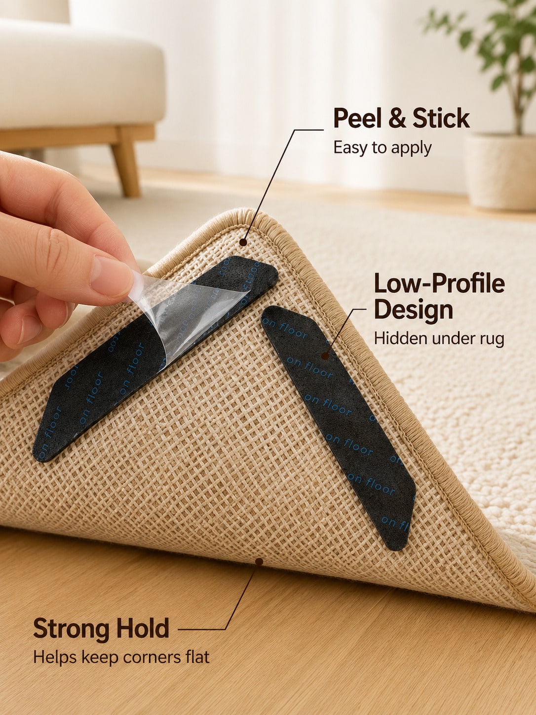 12PCS Rug Grippers – Anti-Curl Non-Slip Carpet Pads, Washable & Reusable, Keep Corners Flat On Wood, Tile, Laminate & Vinyl Floors