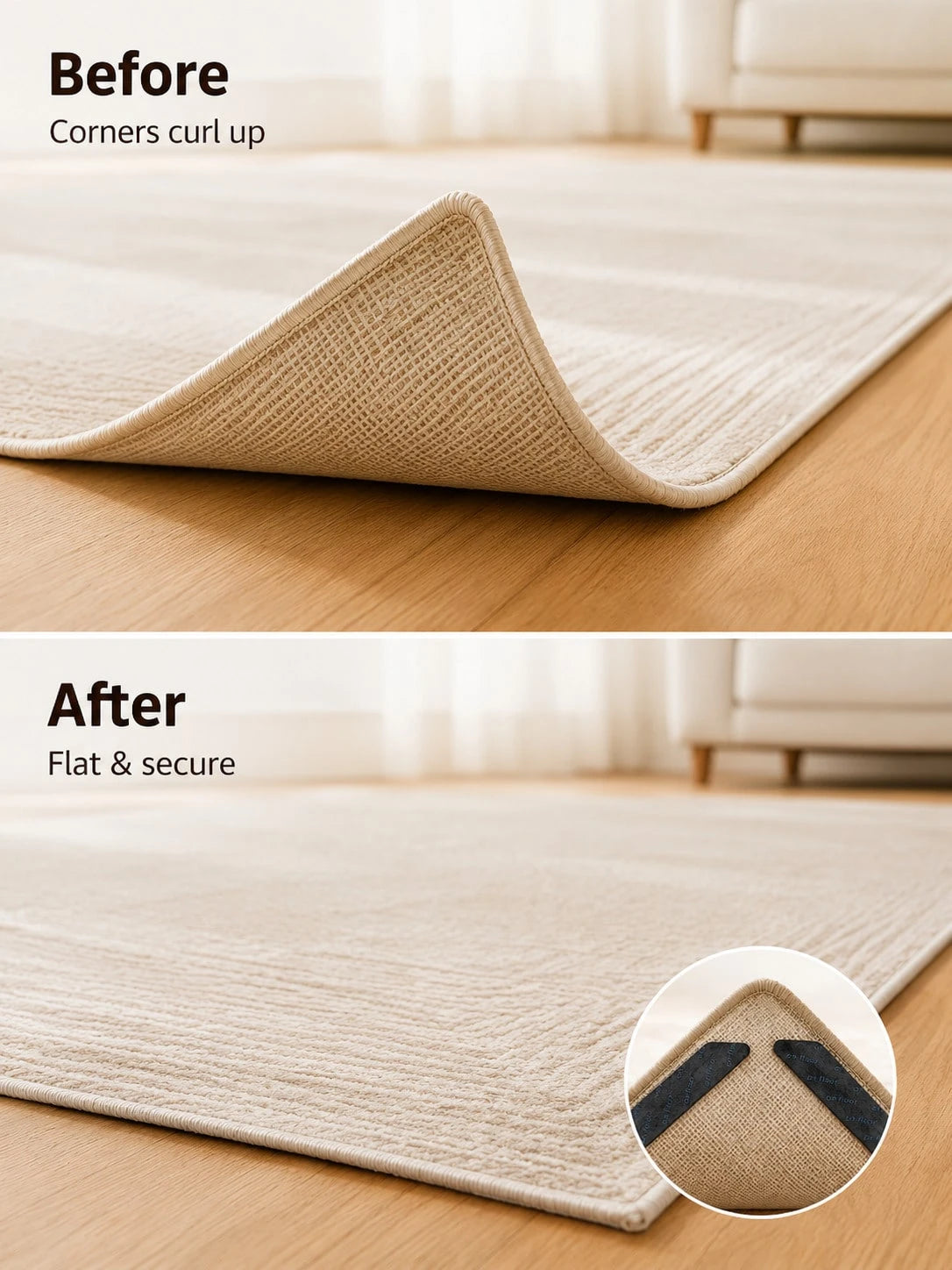 12PCS Rug Grippers – Anti-Curl Non-Slip Carpet Pads, Washable & Reusable, Keep Corners Flat On Wood, Tile, Laminate & Vinyl Floors