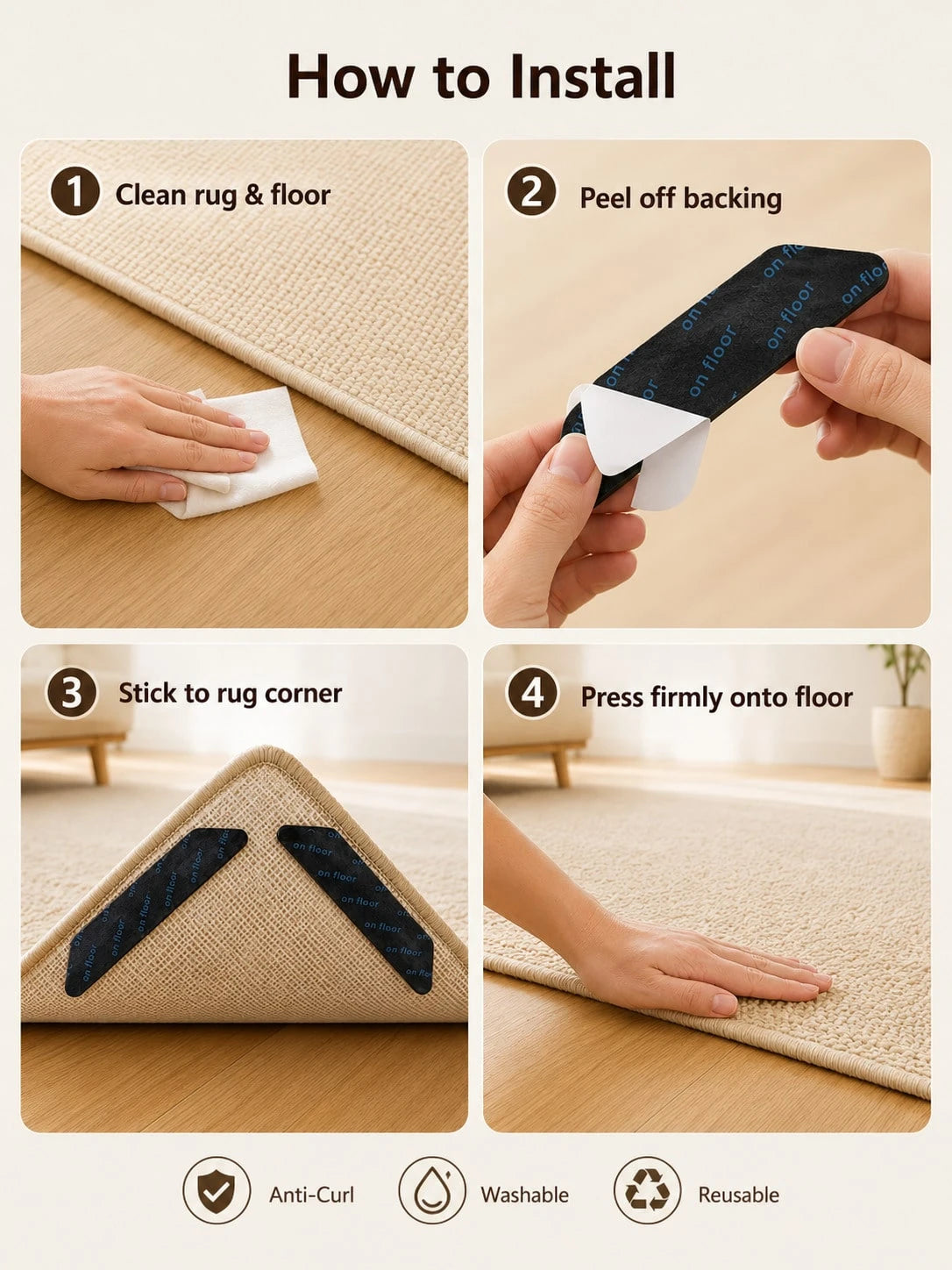 12PCS Rug Grippers – Anti-Curl Non-Slip Carpet Pads, Washable & Reusable, Keep Corners Flat On Wood, Tile, Laminate & Vinyl Floors