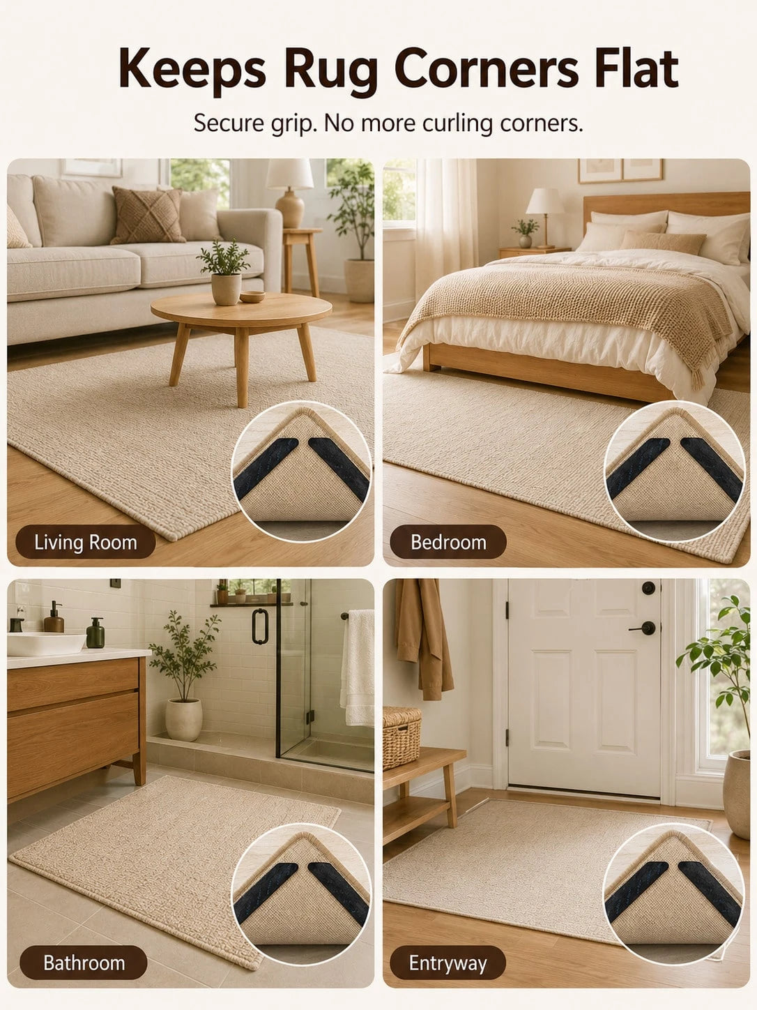 12PCS Rug Grippers – Anti-Curl Non-Slip Carpet Pads, Washable & Reusable, Keep Corners Flat On Wood, Tile, Laminate & Vinyl Floors