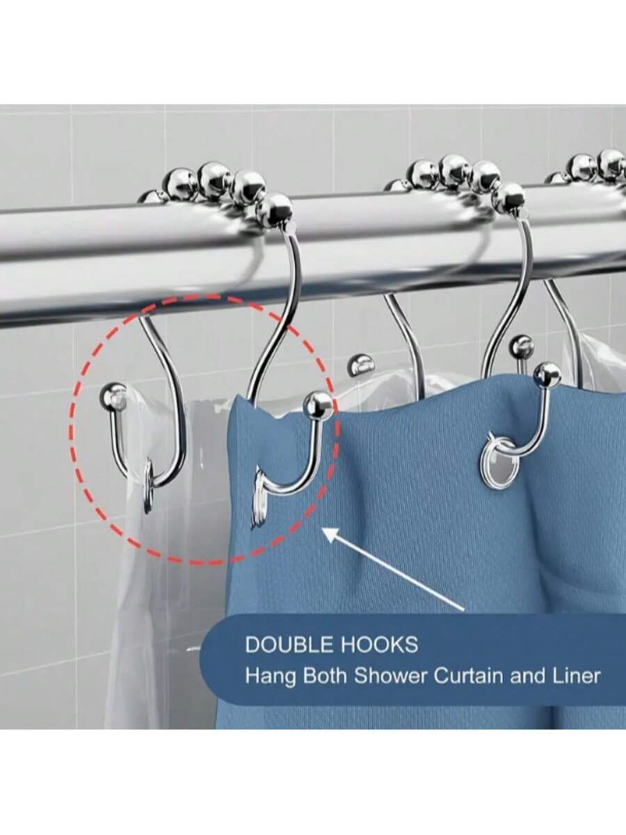 12pcs/Set Minimalist 304 Stainless Steel Double Hole Shower Curtain Hooks, Window Curtain Hooks, Bathroom Hooks Home Bathroom Decor Fall Decor Bathroom Accessories Back To School