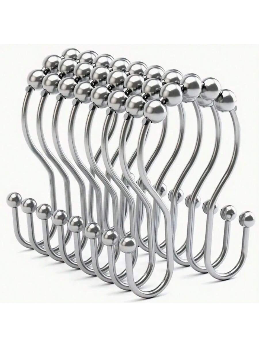 12pcs/Set Minimalist 304 Stainless Steel Double Hole Shower Curtain Hooks, Window Curtain Hooks, Bathroom Hooks Home Bathroom Decor Fall Decor Bathroom Accessories Back To School