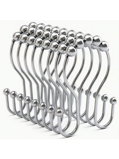 12pcs/Set Minimalist 304 Stainless Steel Double Hole Shower Curtain Hooks, Window Curtain Hooks, Bathroom Hooks Home Bathroom Decor Fall Decor Bathroom Accessories Back To School