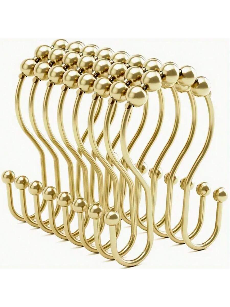 12pcs/Set Minimalist 304 Stainless Steel Double Hole Shower Curtain Hooks, Window Curtain Hooks, Bathroom Hooks Home Bathroom Decor Fall Decor Bathroom Accessories Back To School