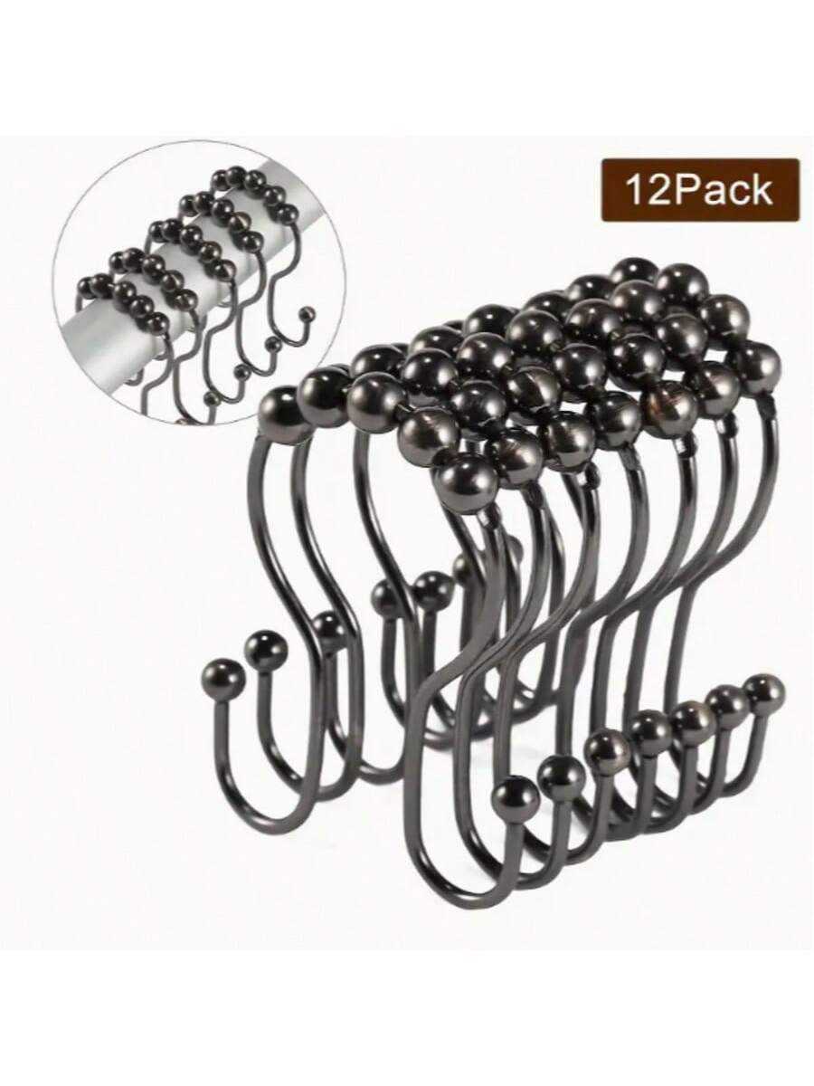 12pcs/Set Minimalist 304 Stainless Steel Double Hole Shower Curtain Hooks, Window Curtain Hooks, Bathroom Hooks Home Bathroom Decor Fall Decor Bathroom Accessories Back To School