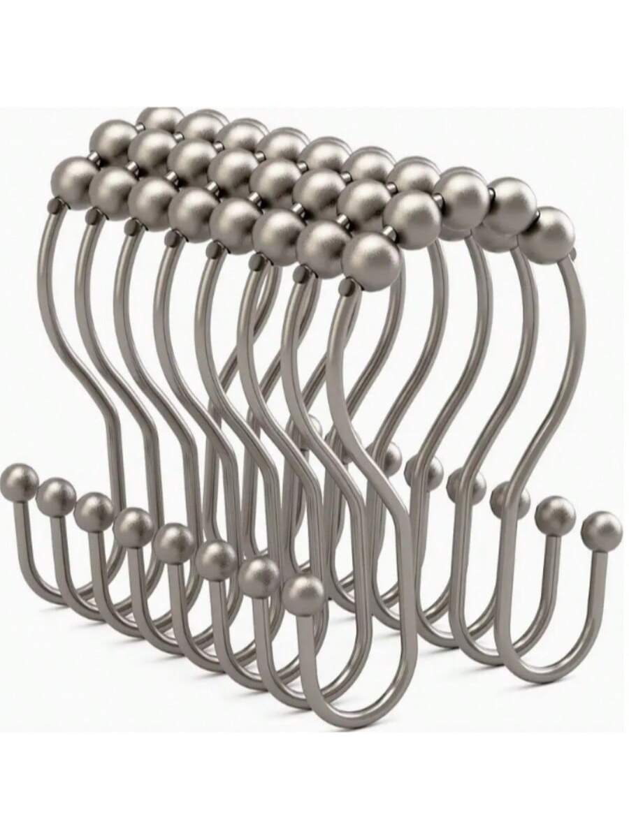 12pcs/Set Minimalist 304 Stainless Steel Double Hole Shower Curtain Hooks, Window Curtain Hooks, Bathroom Hooks Home Bathroom Decor Fall Decor Bathroom Accessories Back To School