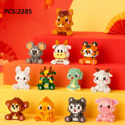 12pcs Zodiac Animal Cartoon Figurine Set, Small Particle Building Blocks, Cute Animal Blocks. Suitable As Gifts For Friends And Family, Desktop Decor, Stress Relief Toys, Assembly Puzzles. Great For E