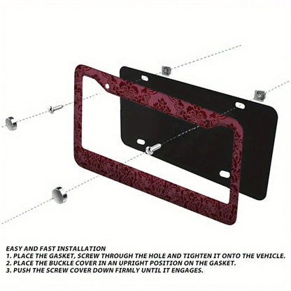 12x6inch Metal License Plate Frame- Burgundy Denim Pattern Design, Rust-Proof And Weather-Resistant Surface Treatment, Suitable For All Vehicles (US Standard Size), Durable Structure, Easy