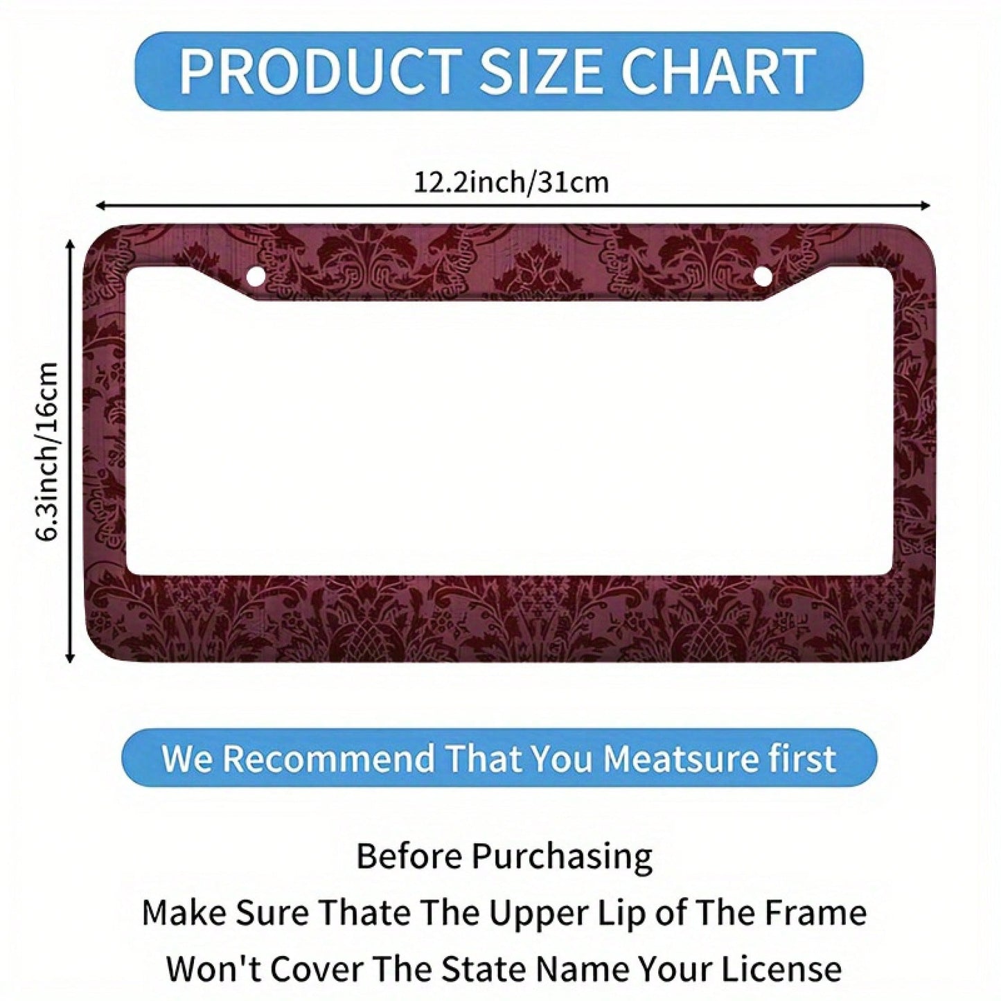 12x6inch Metal License Plate Frame- Burgundy Denim Pattern Design, Rust-Proof And Weather-Resistant Surface Treatment, Suitable For All Vehicles (US Standard Size), Durable Structure, Easy