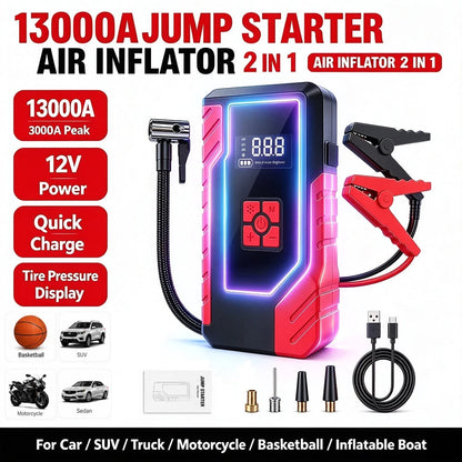 13000A 10-In-1 Car Jump Starter With 200PSI Air Compressor, Battery Pack, Digital Display, USB Power Bank, Emergency Flashlight, Jumper Cables & Inflation Adapters, Car Essentials & Tools For Men And