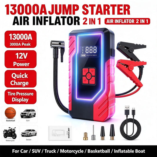 13000A 10-In-1 Car Jump Starter With 200PSI Air Compressor, Battery Pack, Digital Display, USB Power Bank, Emergency Flashlight, Jumper Cables & Inflation Adapters, Car Essentials & Tools For Men And