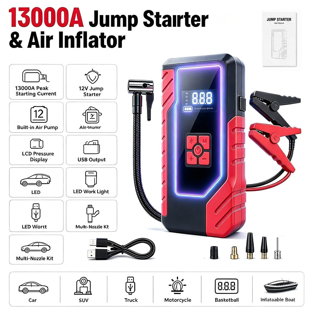 13000A 10-In-1 Car Jump Starter With 200PSI Air Compressor, Battery Pack, Digital Display, USB Power Bank, Emergency Flashlight, Jumper Cables & Inflation Adapters, Car Essentials & Tools For Men And