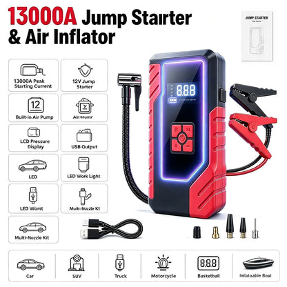 13000A 10-In-1 Car Jump Starter With 200PSI Air Compressor, Battery Pack, Digital Display, USB Power Bank, Emergency Flashlight, Jumper Cables & Inflation Adapters, Car Essentials & Tools For Men And