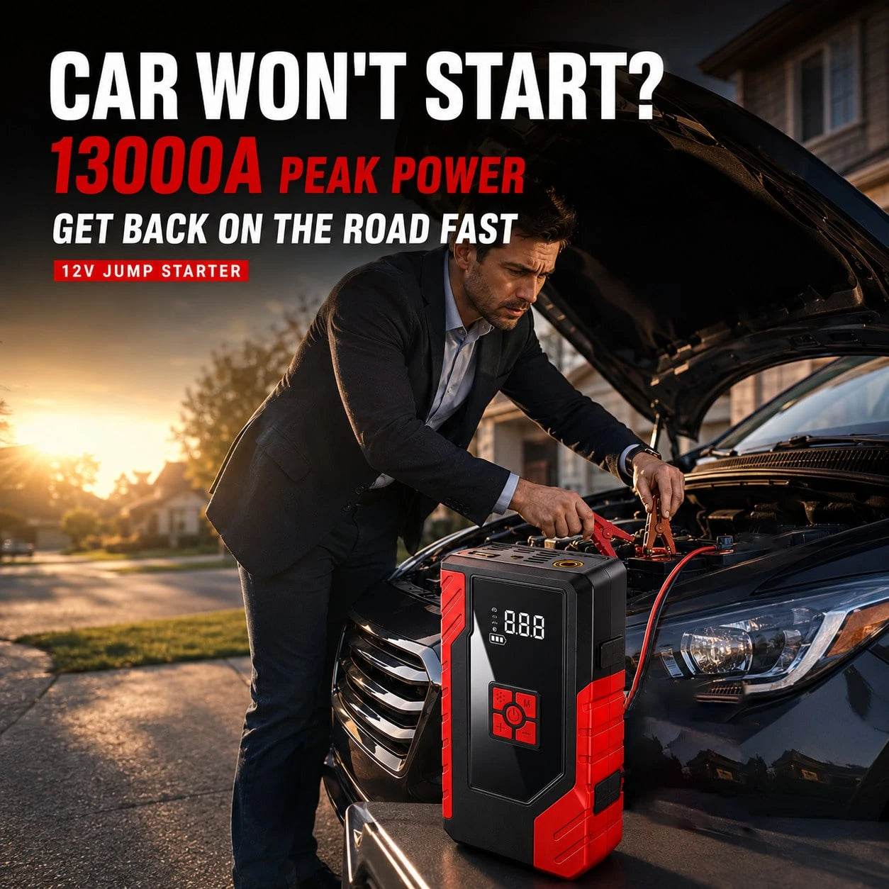 13000A 10-In-1 Car Jump Starter With 200PSI Air Compressor, Battery Pack, Digital Display, USB Power Bank, Emergency Flashlight, Jumper Cables & Inflation Adapters, Car Essentials & Tools For Men And