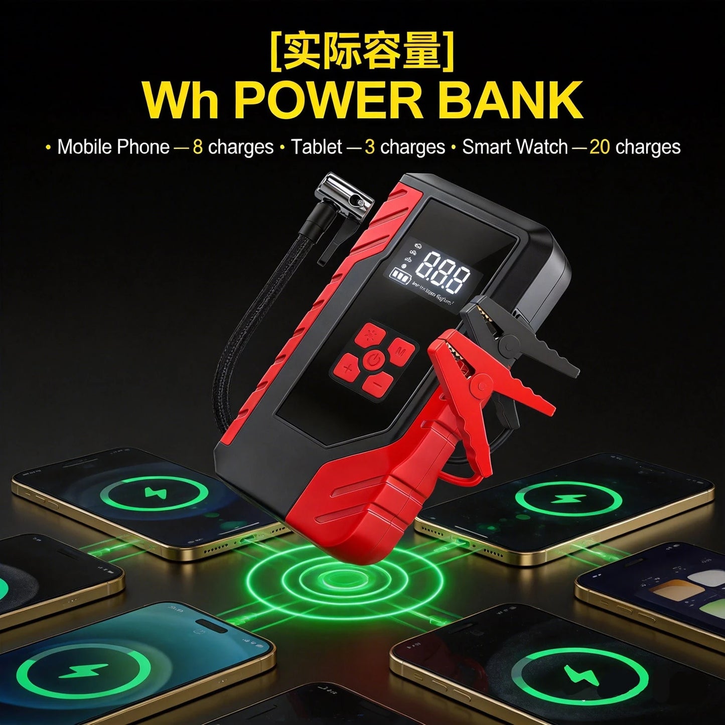 13000A 10-In-1 Car Jump Starter With 200PSI Air Compressor, Battery Pack, Digital Display, USB Power Bank, Emergency Flashlight, Jumper Cables & Inflation Adapters, Car Essentials & Tools For Men And