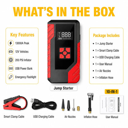 13000A 10-In-1 Car Jump Starter With 200PSI Air Compressor, Battery Pack, Digital Display, USB Power Bank, Emergency Flashlight, Jumper Cables & Inflation Adapters, Car Essentials & Tools For Men And
