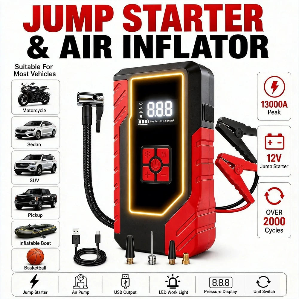 13000A Roadside Rescue Jump Box With 200 PSI Air Pump, 12V Car Battery Booster, Digital Tire Pressure Gauge, Smart Clamps, USB Charging & Emergency LED, Clear-Case Portable Kit For Cars, SUVs, Pickups