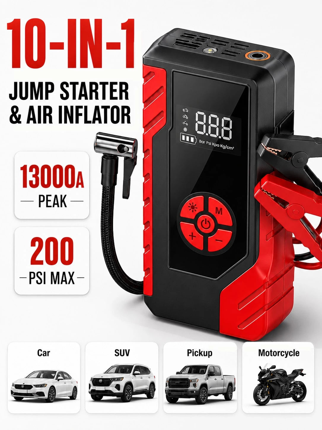 13000A Roadside Rescue Jump Box With 200 PSI Air Pump, 12V Car Battery Booster, Digital Tire Pressure Gauge, Smart Clamps, USB Charging & Emergency LED, Clear-Case Portable Kit For Cars, SUVs, Pickups