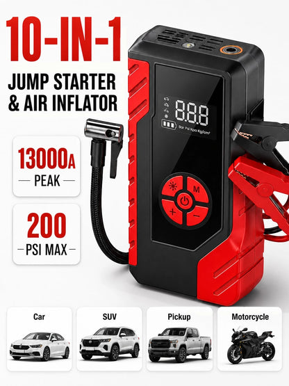 13000A Roadside Rescue Jump Box With 200 PSI Air Pump, 12V Car Battery Booster, Digital Tire Pressure Gauge, Smart Clamps, USB Charging & Emergency LED, Clear-Case Portable Kit For Cars, SUVs, Pickups