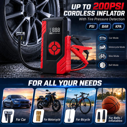 13000A Roadside Rescue Jump Box With 200 PSI Air Pump, 12V Car Battery Booster, Digital Tire Pressure Gauge, Smart Clamps, USB Charging & Emergency LED, Clear-Case Portable Kit For Cars, SUVs, Pickups