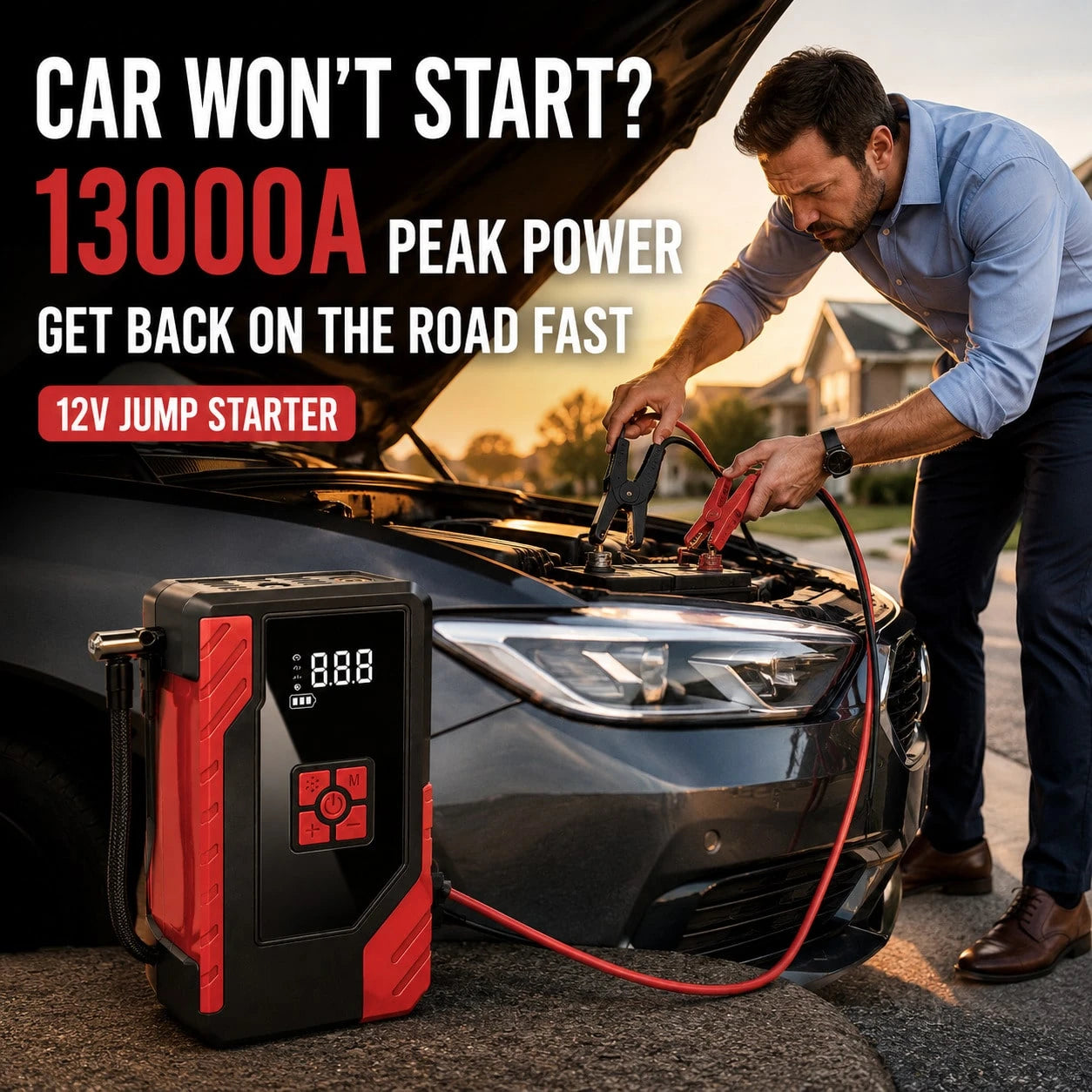 13000A Roadside Rescue Jump Box With 200 PSI Air Pump, 12V Car Battery Booster, Digital Tire Pressure Gauge, Smart Clamps, USB Charging & Emergency LED, Clear-Case Portable Kit For Cars, SUVs, Pickups
