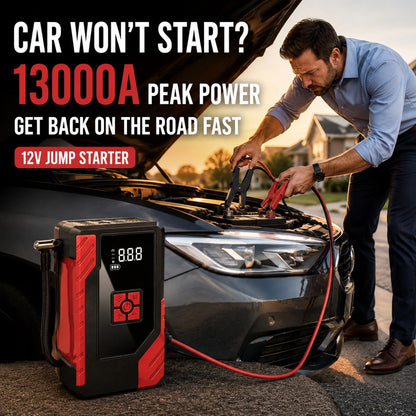 13000A Roadside Rescue Jump Box With 200 PSI Air Pump, 12V Car Battery Booster, Digital Tire Pressure Gauge, Smart Clamps, USB Charging & Emergency LED, Clear-Case Portable Kit For Cars, SUVs, Pickups