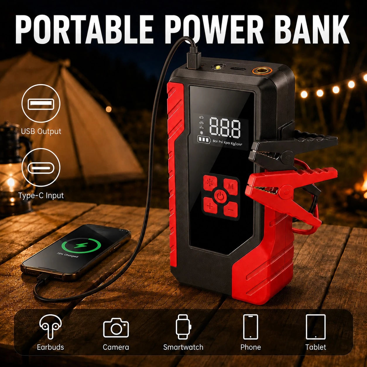 13000A Roadside Rescue Jump Box With 200 PSI Air Pump, 12V Car Battery Booster, Digital Tire Pressure Gauge, Smart Clamps, USB Charging & Emergency LED, Clear-Case Portable Kit For Cars, SUVs, Pickups
