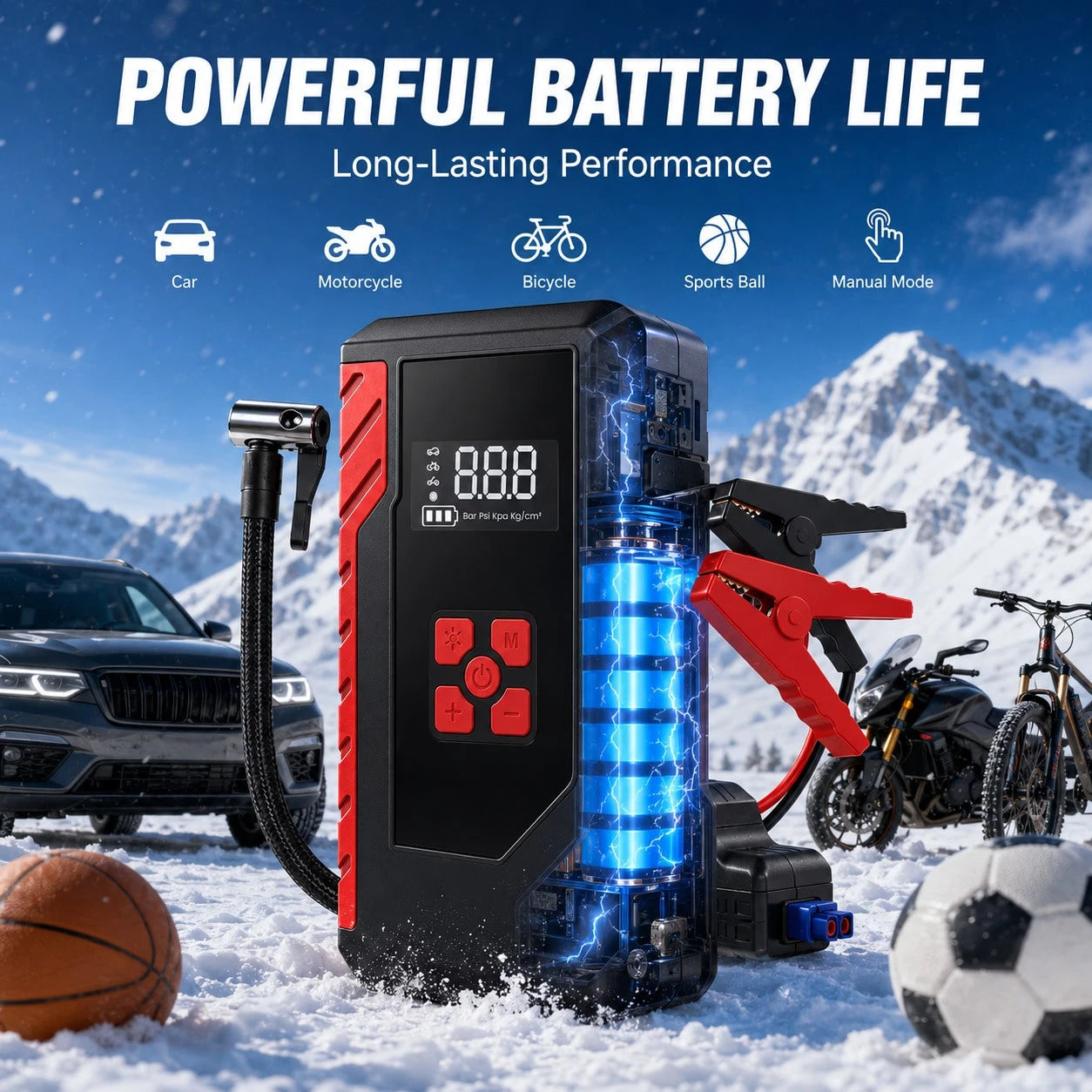 13000A Roadside Rescue Jump Box With 200 PSI Air Pump, 12V Car Battery Booster, Digital Tire Pressure Gauge, Smart Clamps, USB Charging & Emergency LED, Clear-Case Portable Kit For Cars, SUVs, Pickups