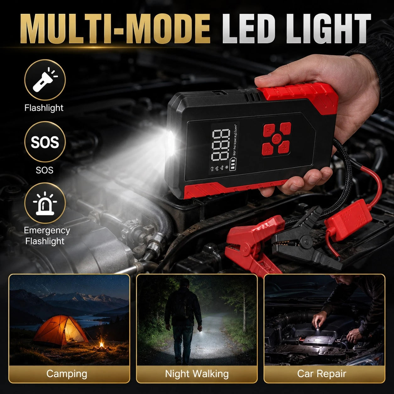 13000A Roadside Rescue Jump Box With 200 PSI Air Pump, 12V Car Battery Booster, Digital Tire Pressure Gauge, Smart Clamps, USB Charging & Emergency LED, Clear-Case Portable Kit For Cars, SUVs, Pickups