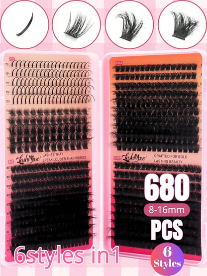 1360PCS/680PCS DD Curl Lash Clusters Kit With Ultra-Dense, Waterproof, Long-Lasting Lashes, Velure, Fairy, Flora, Muse Styles, 50D/80D/100D/120D, Hybrid Volume Look, Beginner-Friendly,Includes Lash Gl