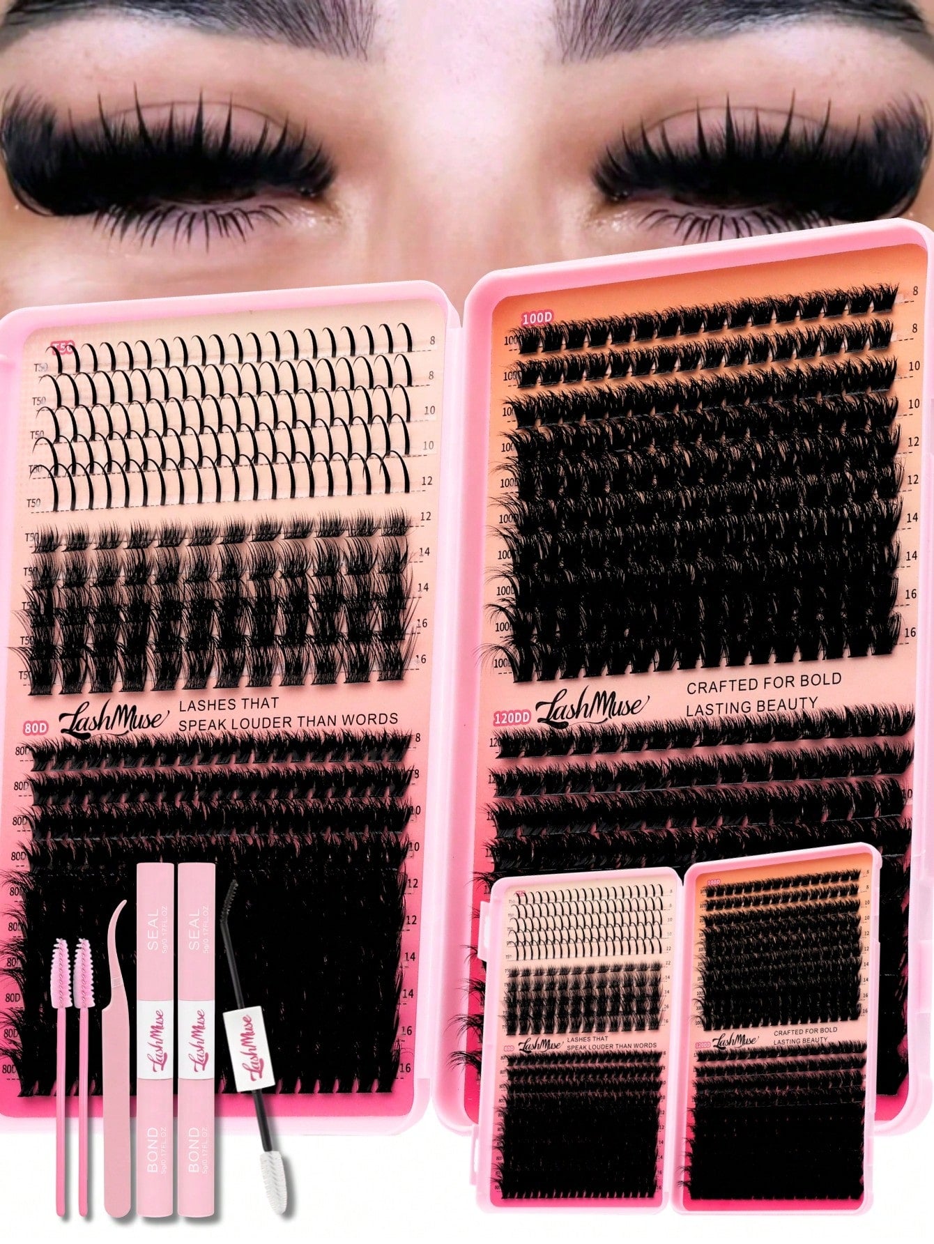 1360PCS/680PCS DD Curl Lash Clusters Kit With Ultra-Dense, Waterproof, Long-Lasting Lashes, Velure, Fairy, Flora, Muse Styles, 50D/80D/100D/120D, Hybrid Volume Look, Beginner-Friendly,Includes Lash Gl