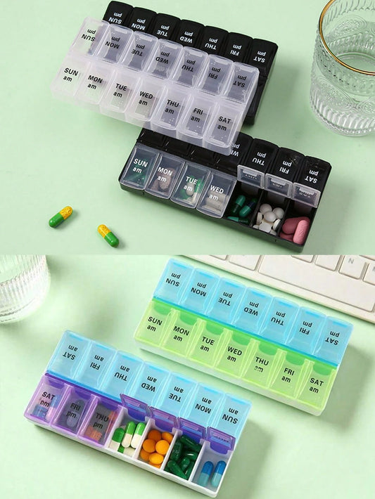 14-Grid Color Pill Box, Portable One-Week Pill Box Set, Mini Combination Pill Box Packing, Daily Regular Reminder Pill Box Monday To Sunday Full Coverage Travel Carry-On & Handbag Essentials, Efficien