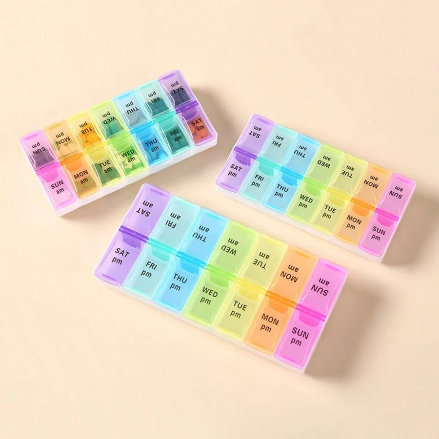 14-Grid Color Pill Box, Portable One-Week Pill Box Set, Mini Combination Pill Box Packing, Daily Regular Reminder Pill Box Monday To Sunday Full Coverage Travel Carry-On & Handbag Essentials, Efficien
